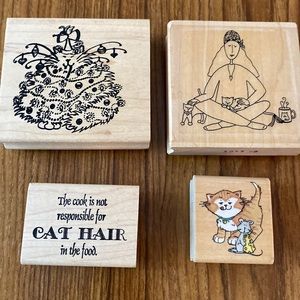 Set of 4 vintage humorous wood backed rubber craft stamps- cats